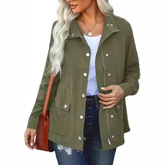 Women's Fashion Polo Collar Solid Color Pocket Fastener Jackets