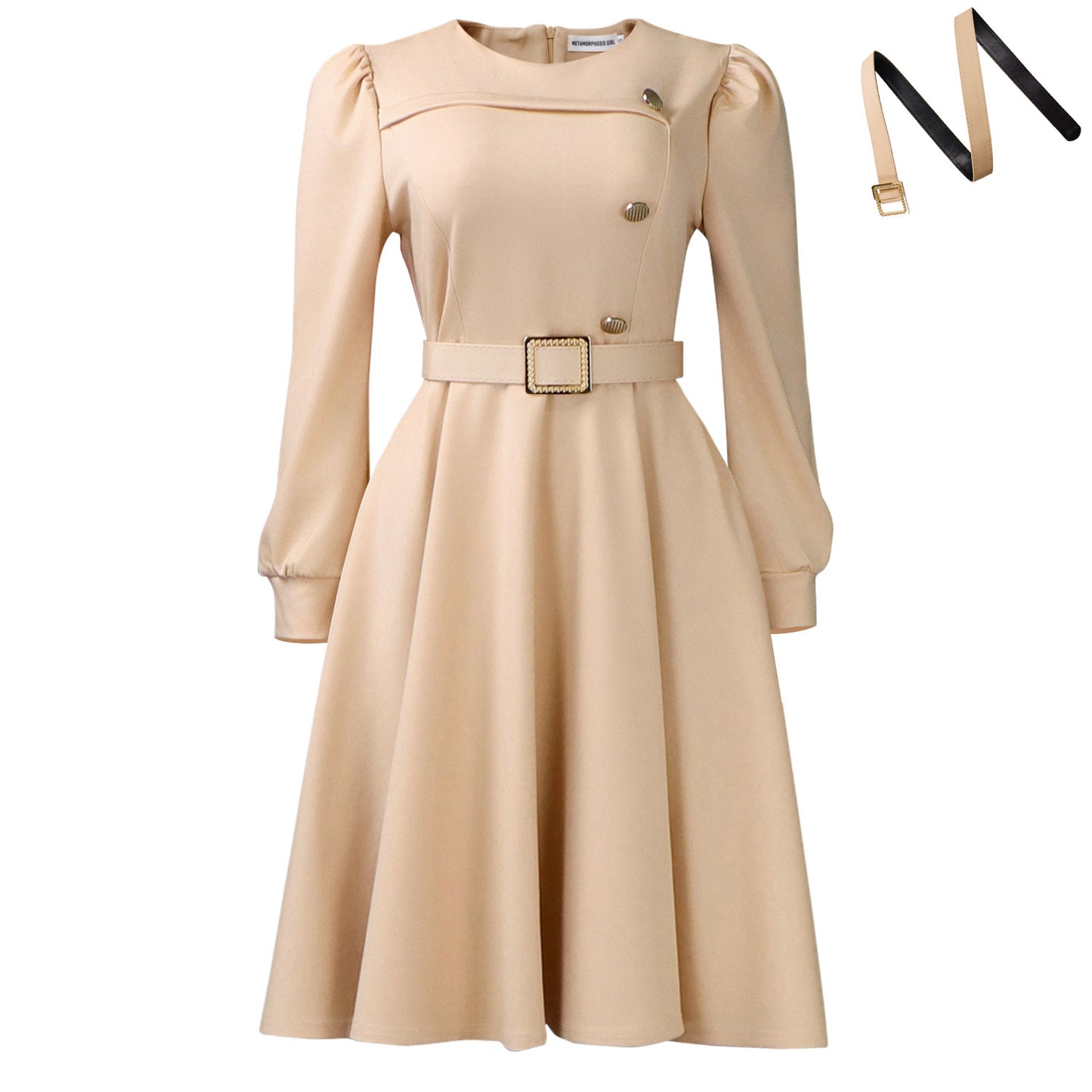 Neck Long Sleeve High Waist A- Line Elegant Party Solid Dress