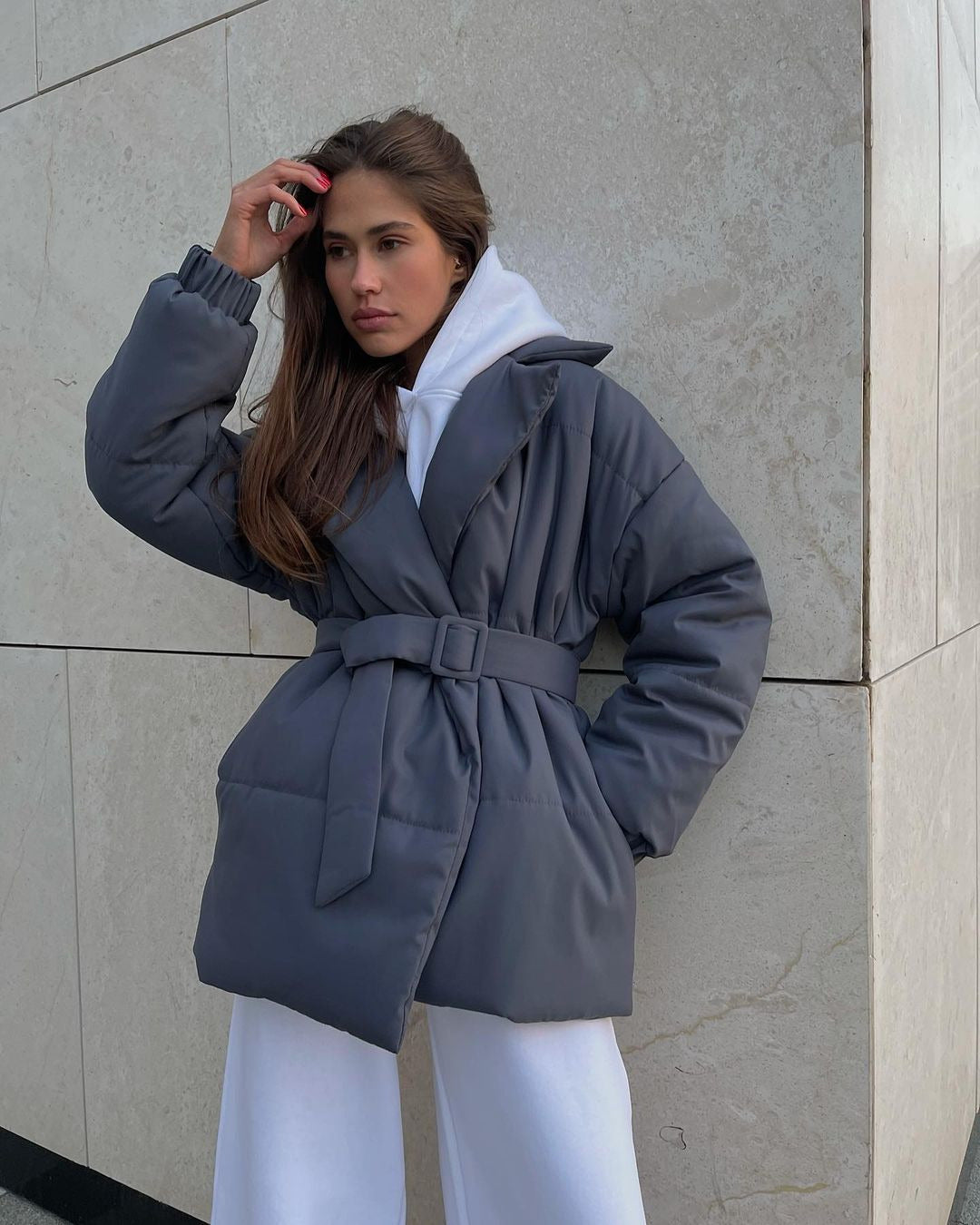 Women's Winter Padded Lapel Cinched Slimming Pure Coats