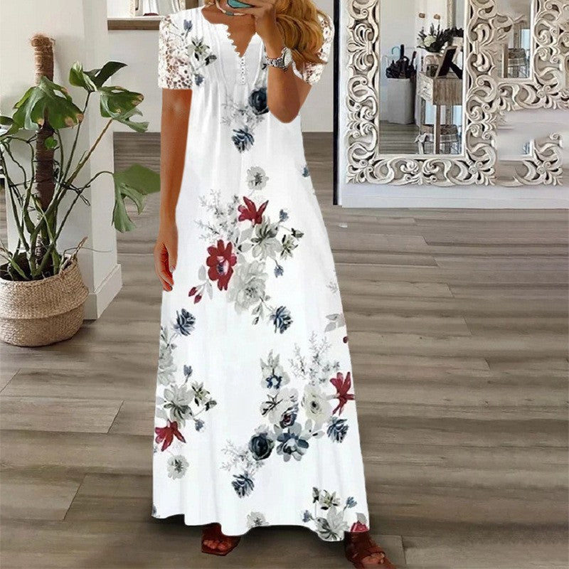 Creative Women's Fashion Short-sleeved Printed Lace Dress