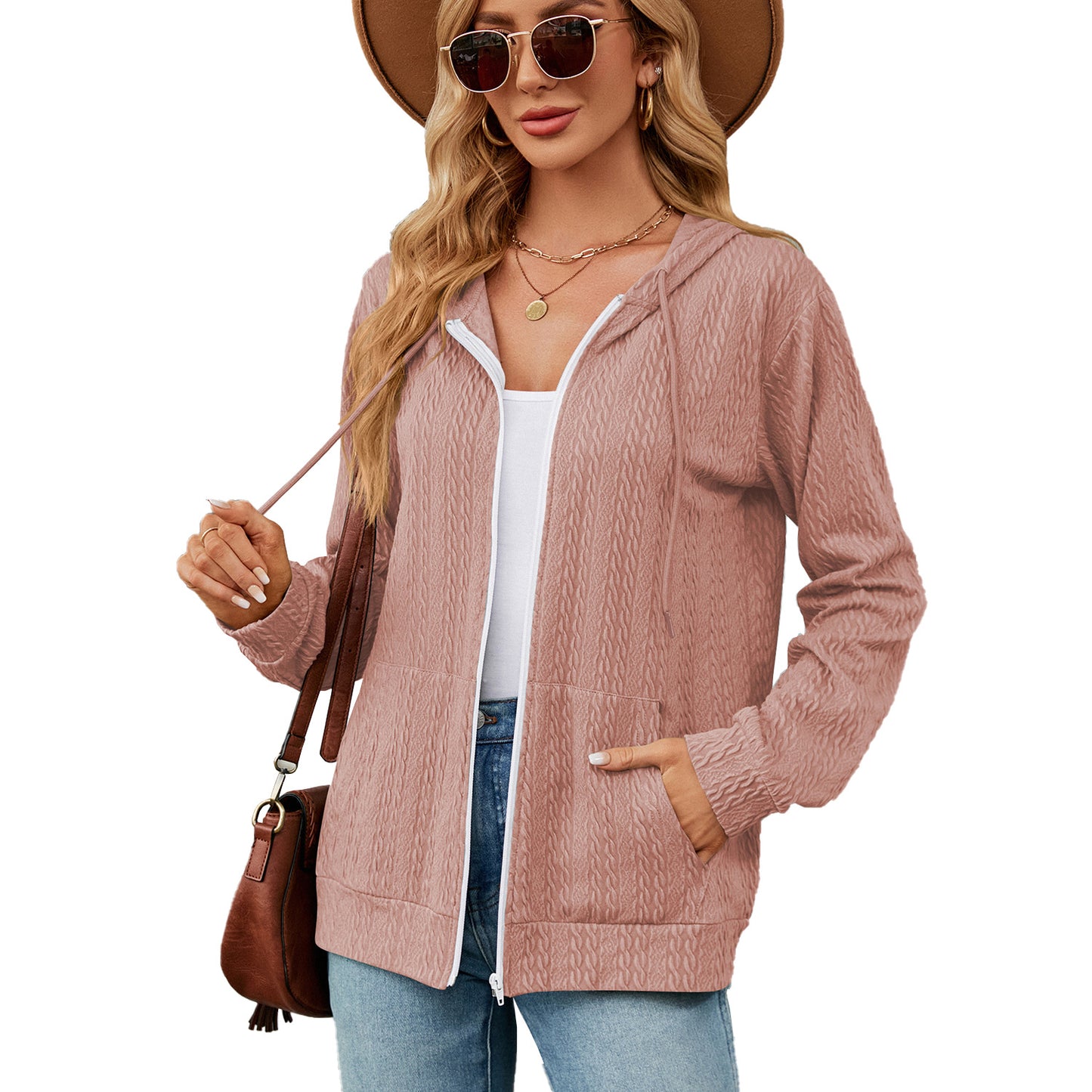 Women's Loose Long Sleeve Hooded Zip Pocket Cardigans