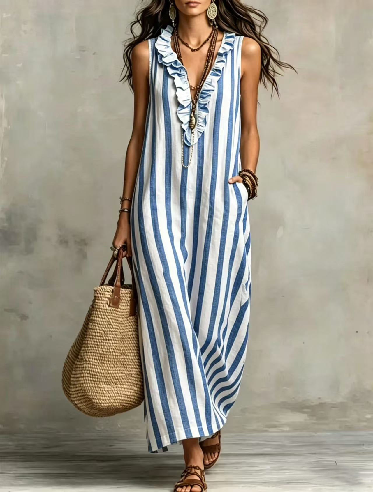 Summer Bohemian Style Vertical Stripes Ruffled Dress