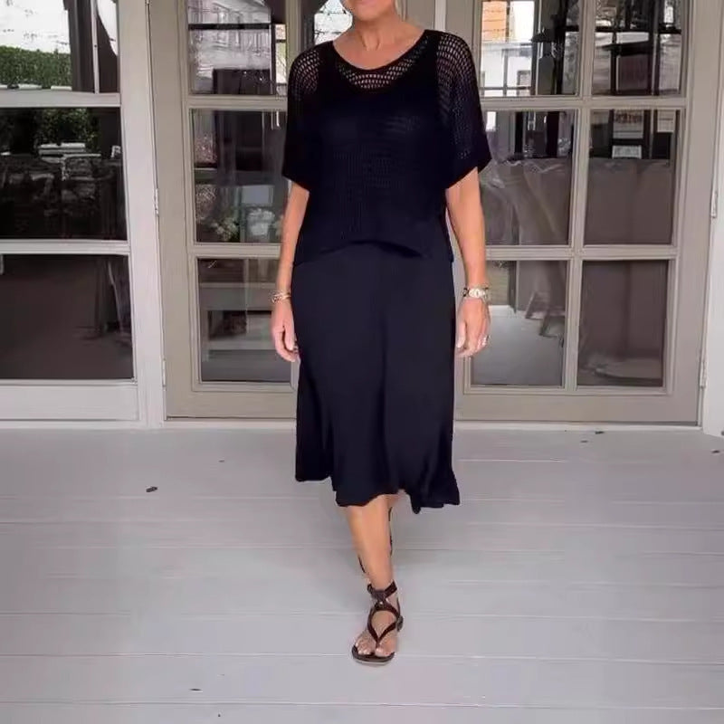 Knitted Empty Dress Solid Color Round Fashion Casual Suit