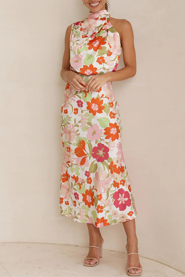Women's Mature Elegant Sleeveless Strap Printing Satin Dresses