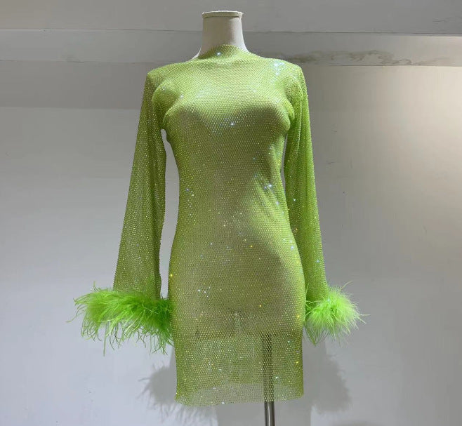 Fashion Luxury Hollow Mesh Ostrich Feather Slimming Bottoming Dress