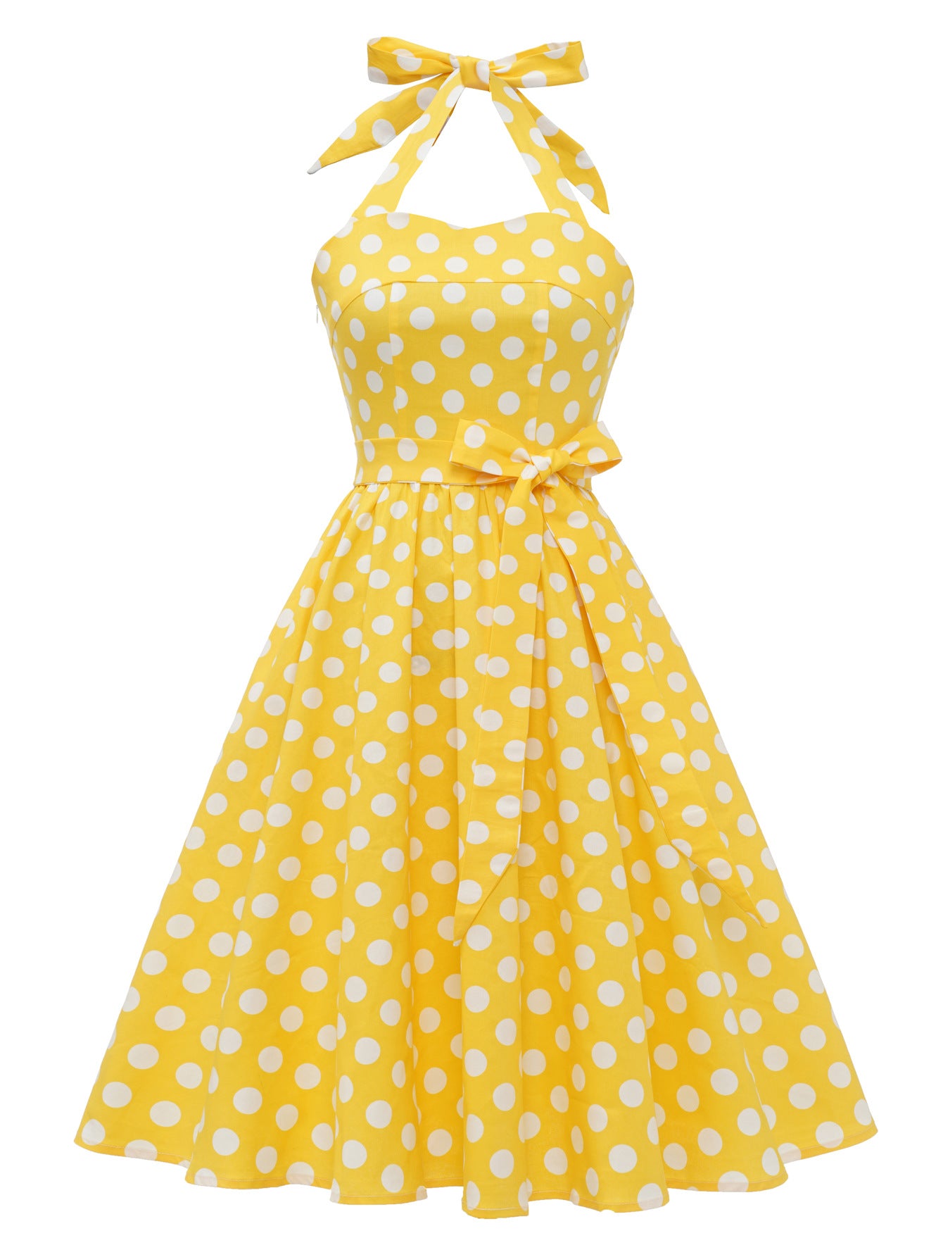 Hepburn Style Retro Dots Backless Halter Swing Puffy Dress Dresses