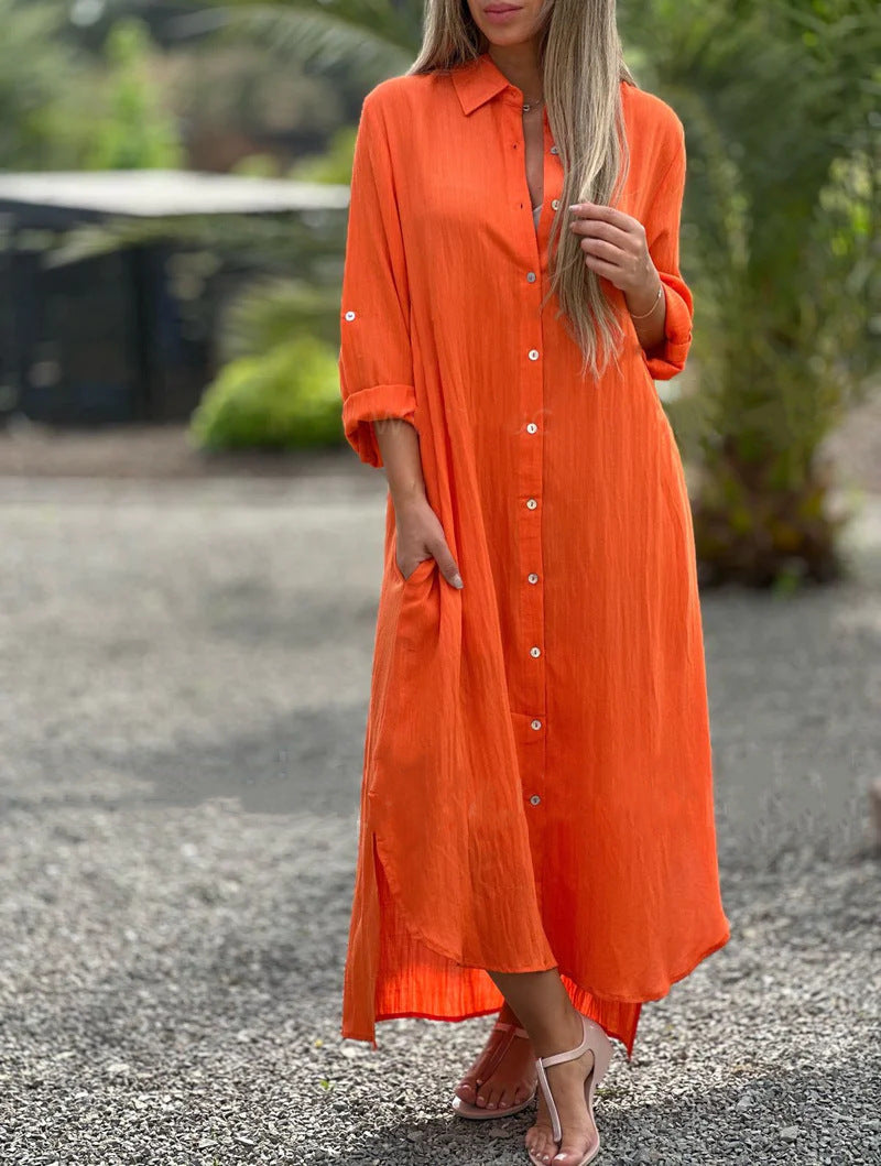 Women's Dress Cotton Linen Shirtdress Fashion Casual Cardigans