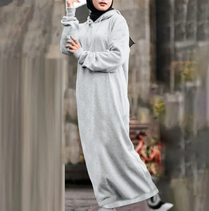 Women's Autumn Solid Color Plush Hooded Drawstring Loose Casual Long Dress