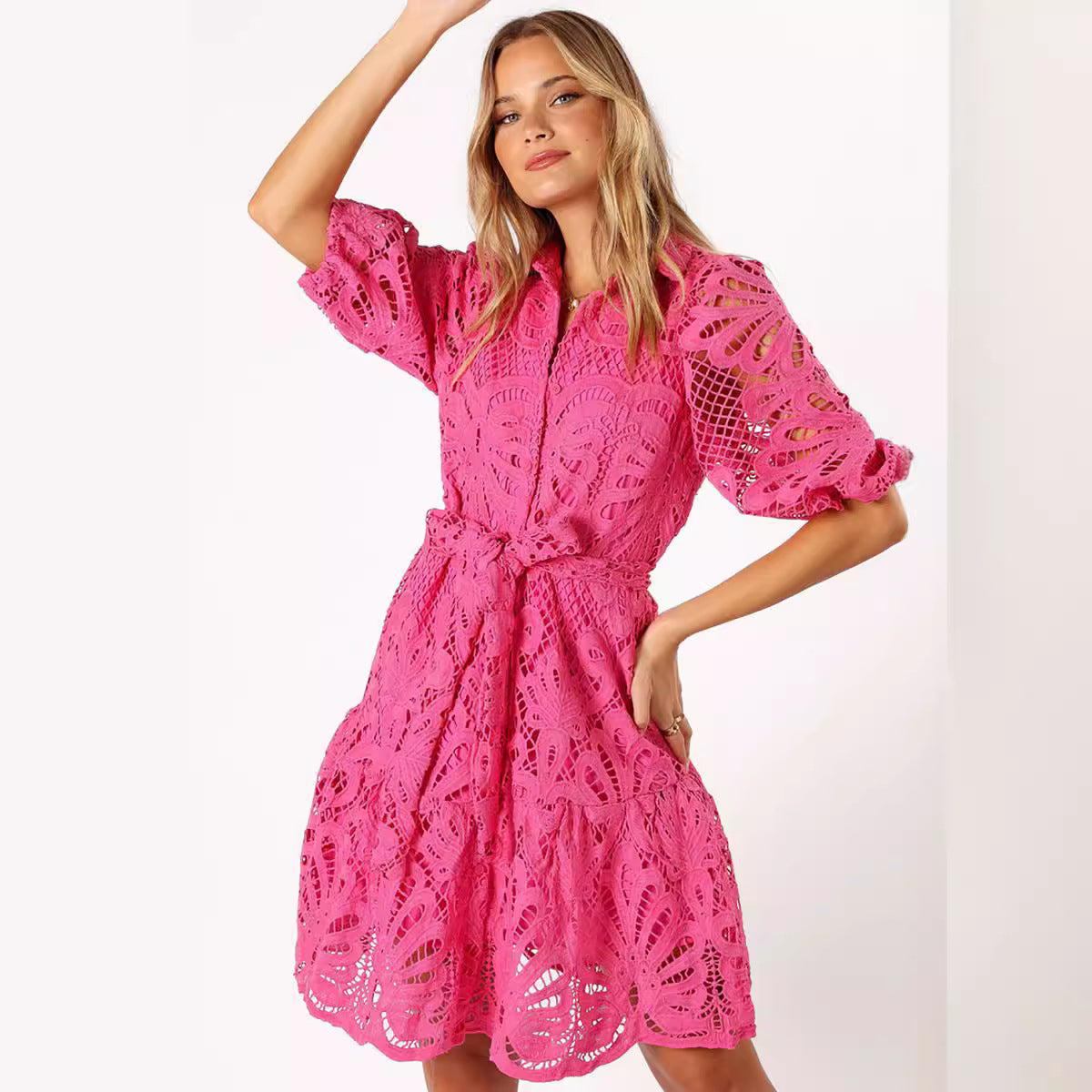 Soluble Lace Flower Half Sleeve Commuter Dresses