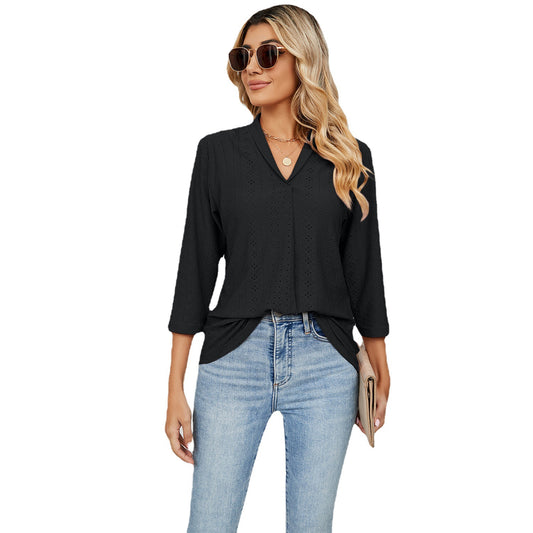 Women's Autumn Jacquard Loose-fitting Lapel T-shirt Blouses