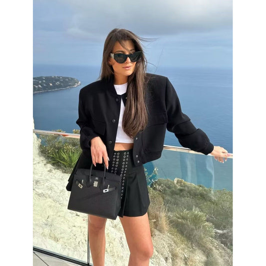 Women's Color Stand Collar Large Pocket Jackets