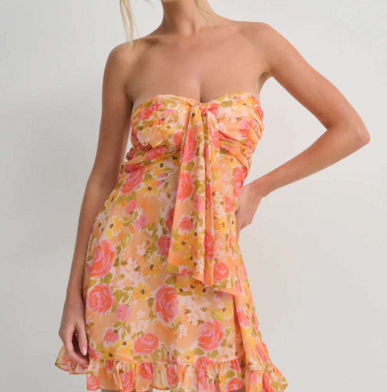 French Style Printed Translucent Floral Strapless Skirts