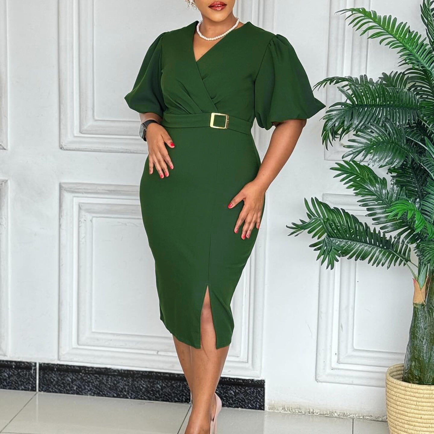 Women's Fashion Puff Sleeve Solid Color Waist Tight Split Hip Dress