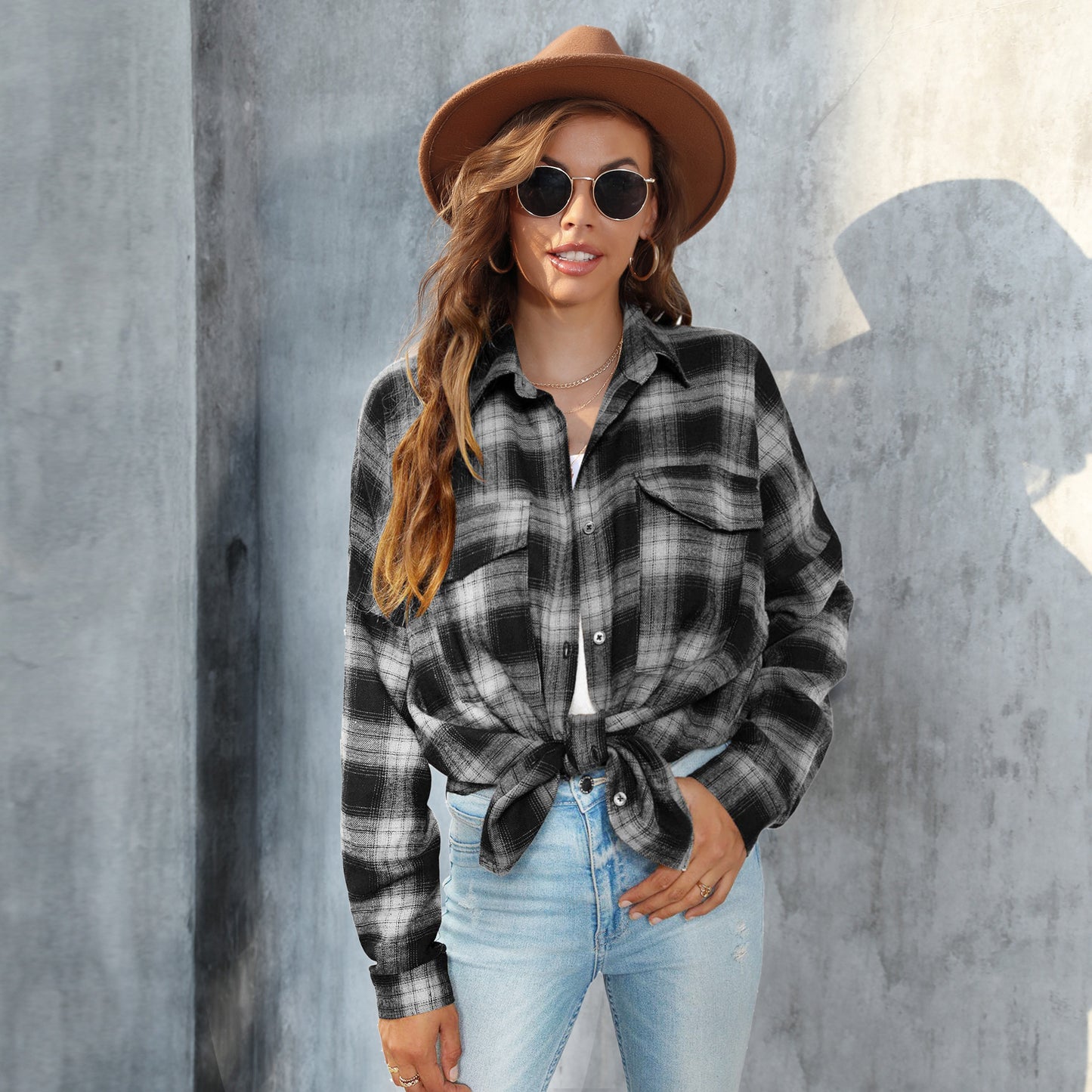 Women's Large Long-sleeved Plaid Button Shirt With Blouses