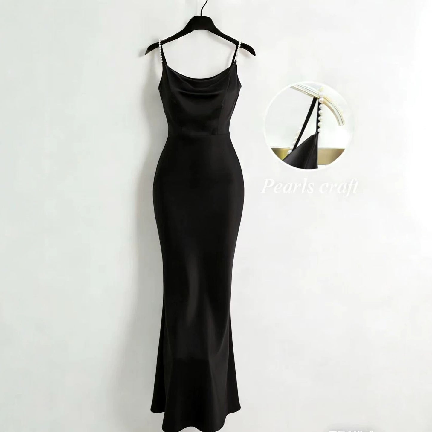Satin Handmade Pearl Spaghetti Strap Slimming Fishtail Dress