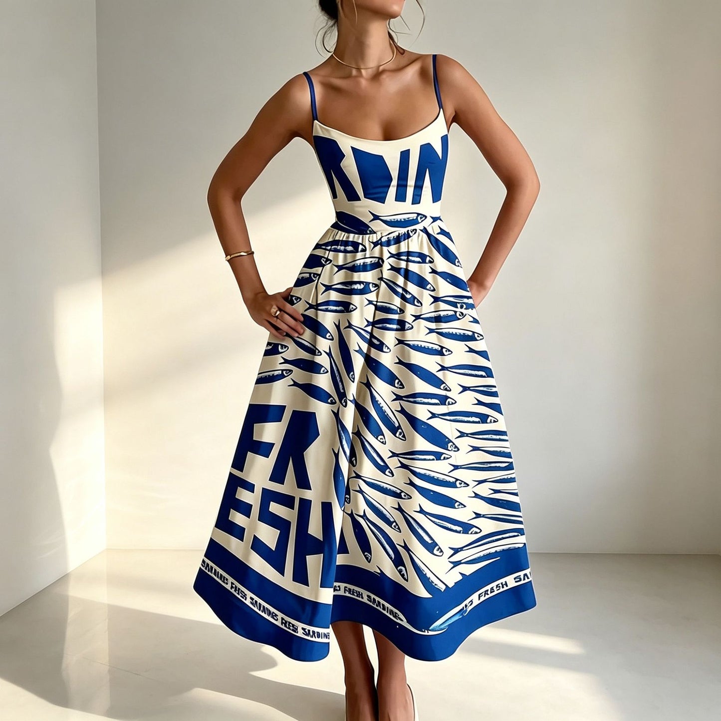Women's Sense Printed Pleated Suspender Long Vacation Dress
