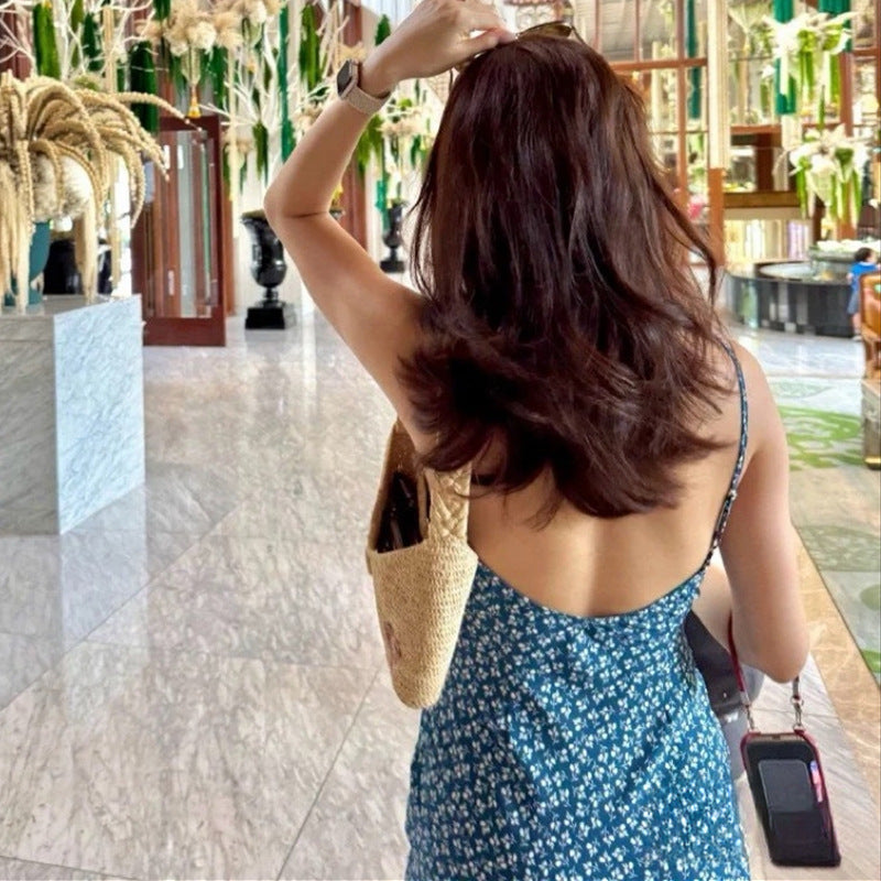 Flower Low-cut Mid-length Slim Fit Backless Dresses