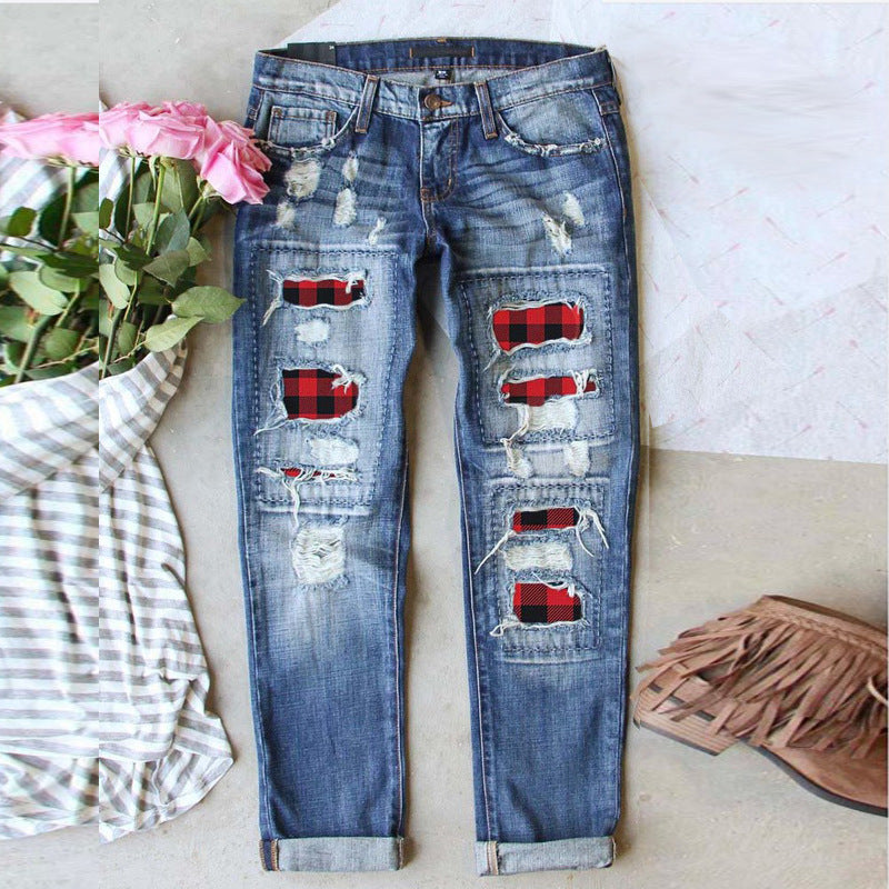 Women's Fashion Red Ripped Plaid Trousers Jeans
