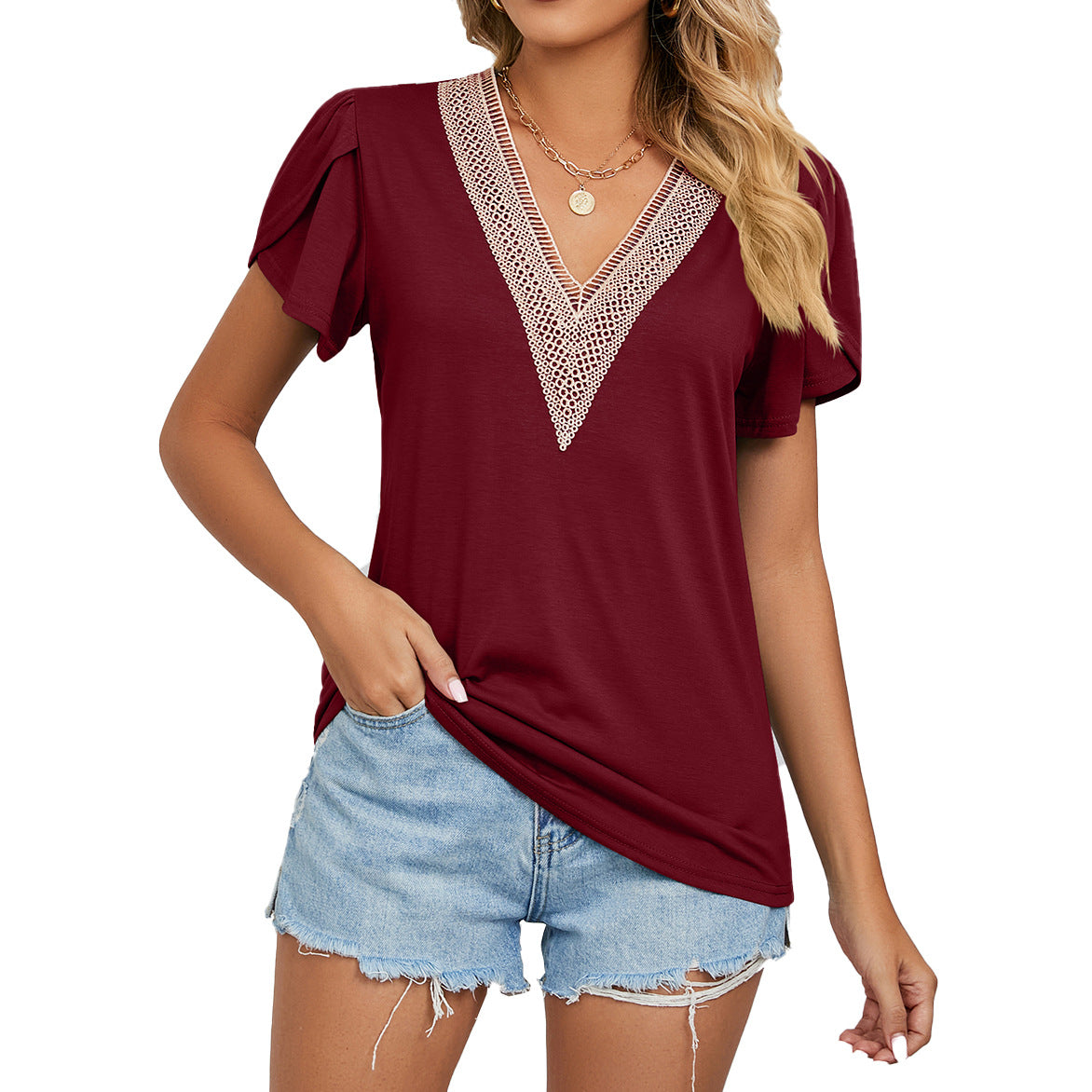 Gold Lace Tile Sleeve Solid Color Blouses