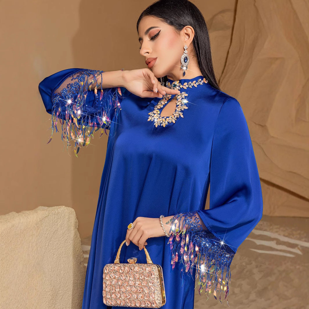 Blue Fantasy Laser Gradient Tassel Long Dresses