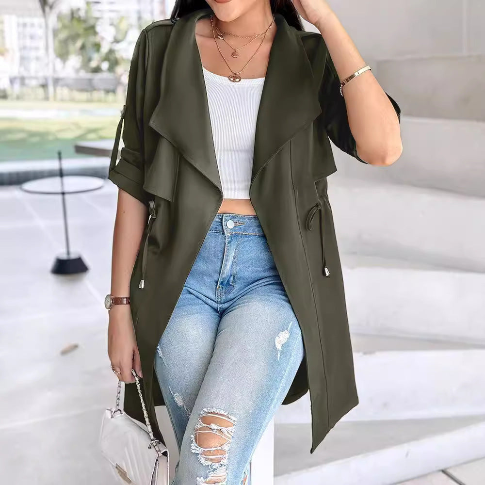 Women's Loose Solid Color Rolled Sleeves Mid-length Coats
