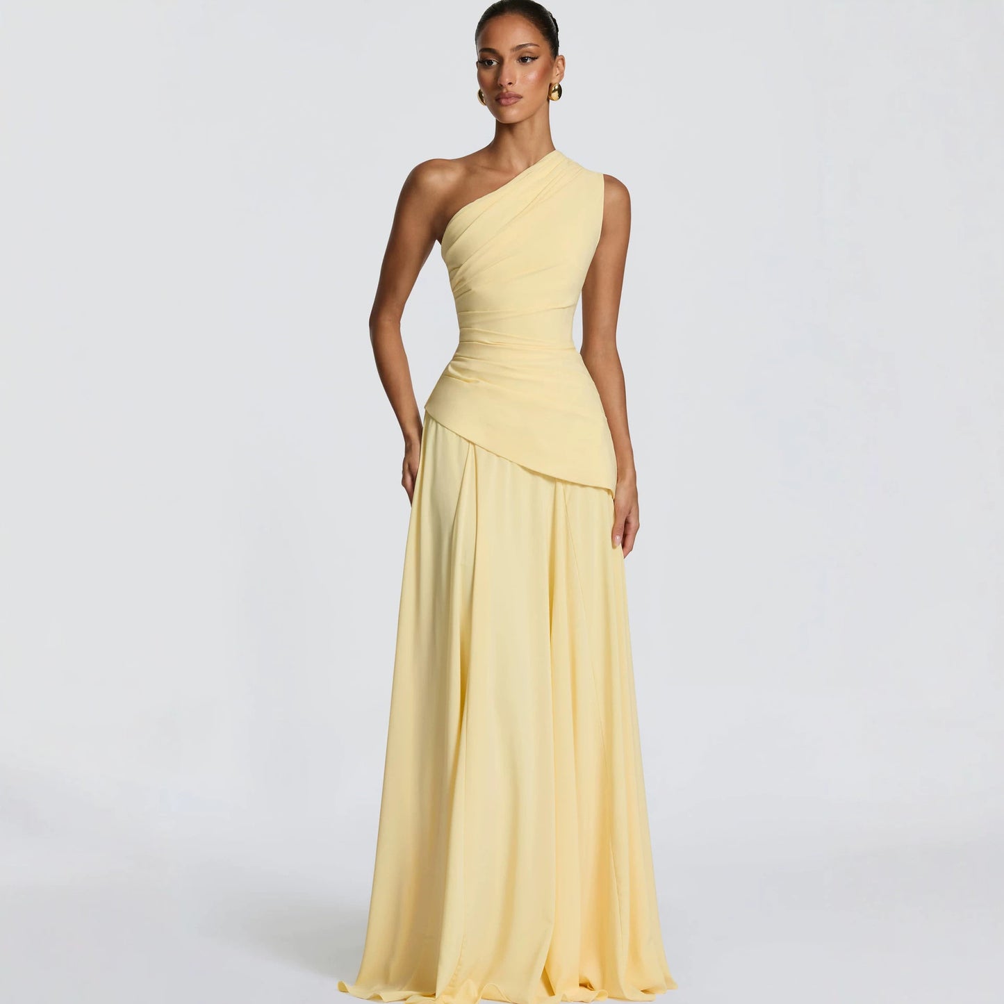 Women's Elegant Diagonal Collar Sleeveless Pleat Waisted Chiffon Stitching Big Swing Dress
