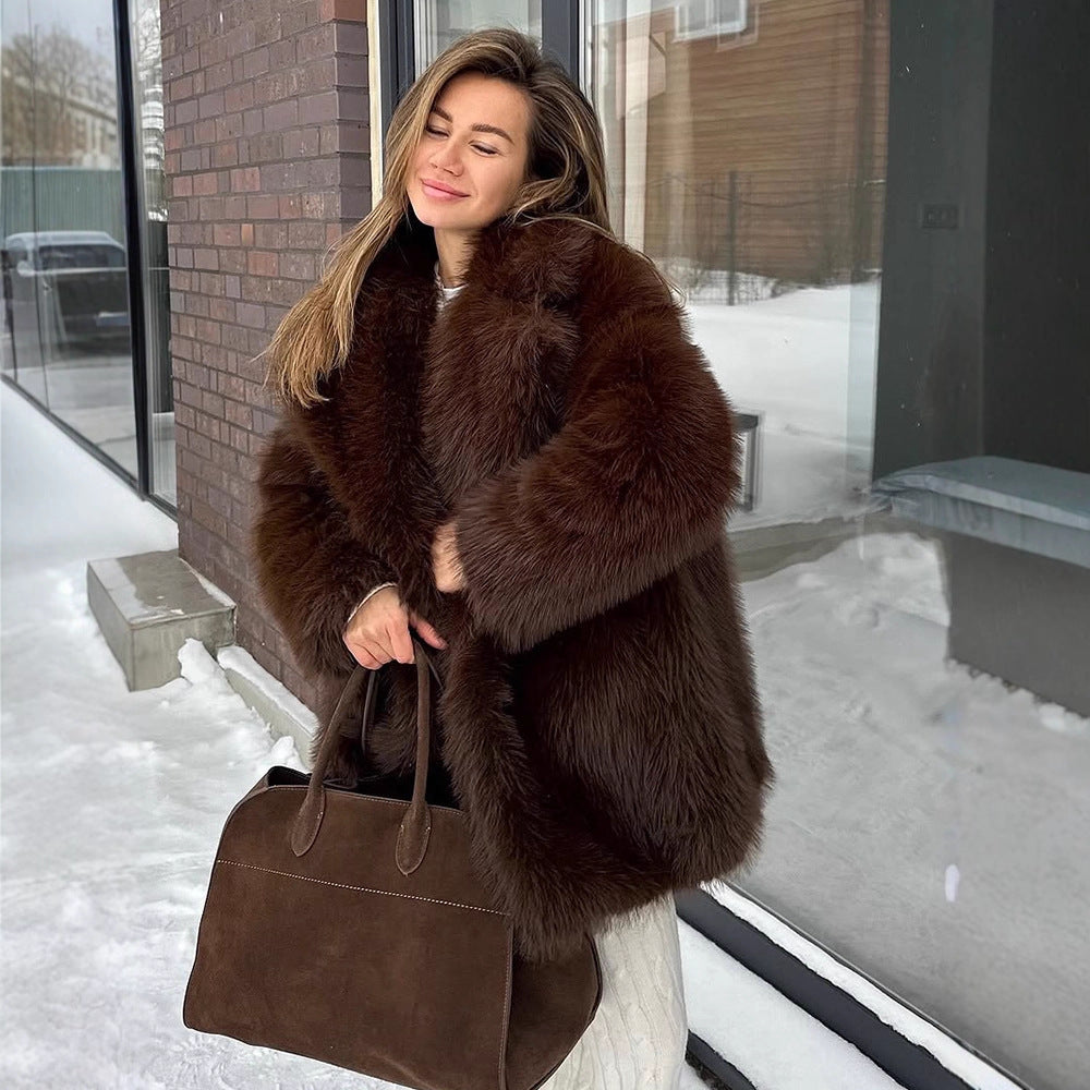 Women's Warm Fox Fur Brown Vintage Imitation Collar Coats
