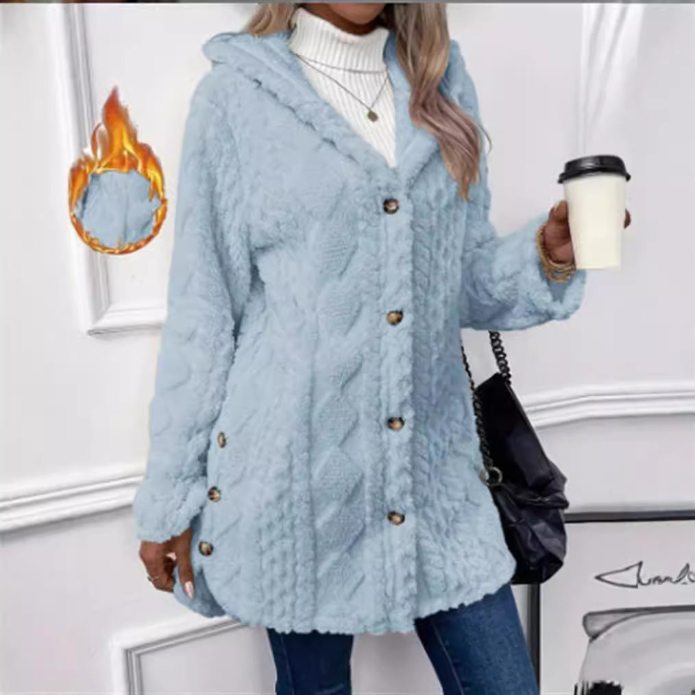 Women's Solid Color Single-breasted Plush Hoodie Fashion Jackets