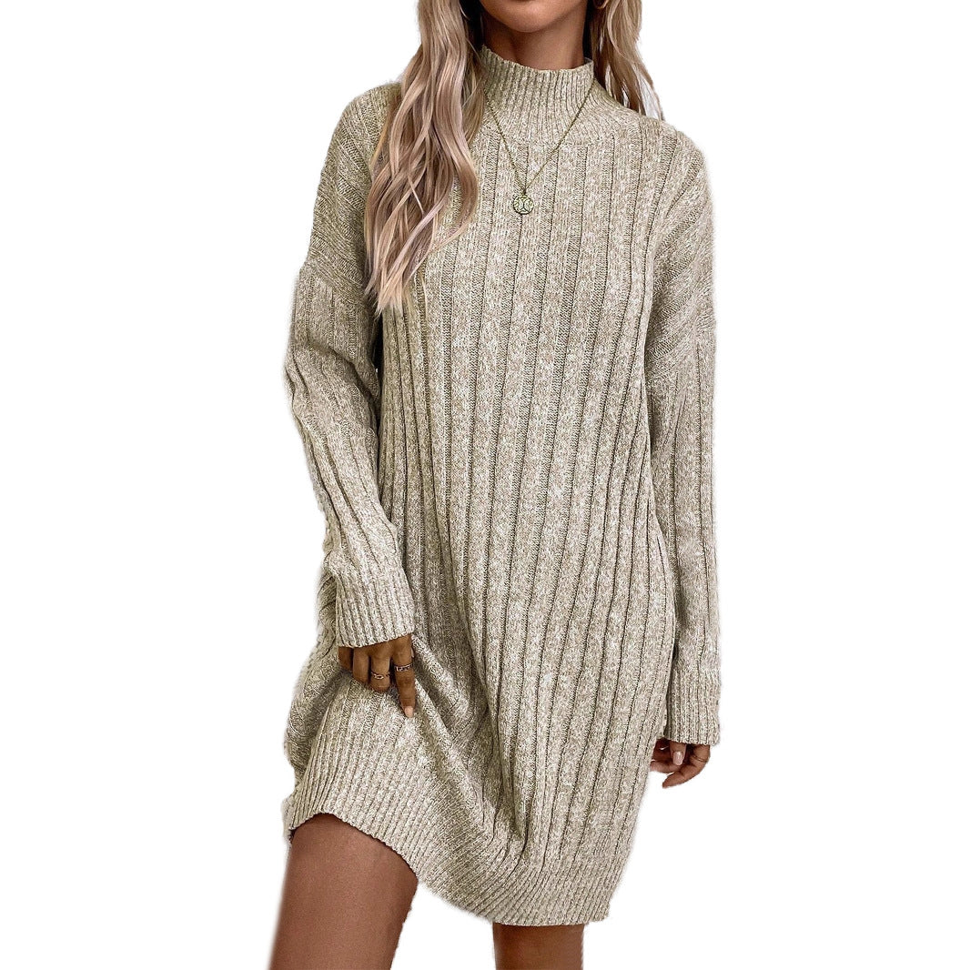 Women's Solid Color Turtleneck Long Sleeve Loose Knitted Dress Sweater