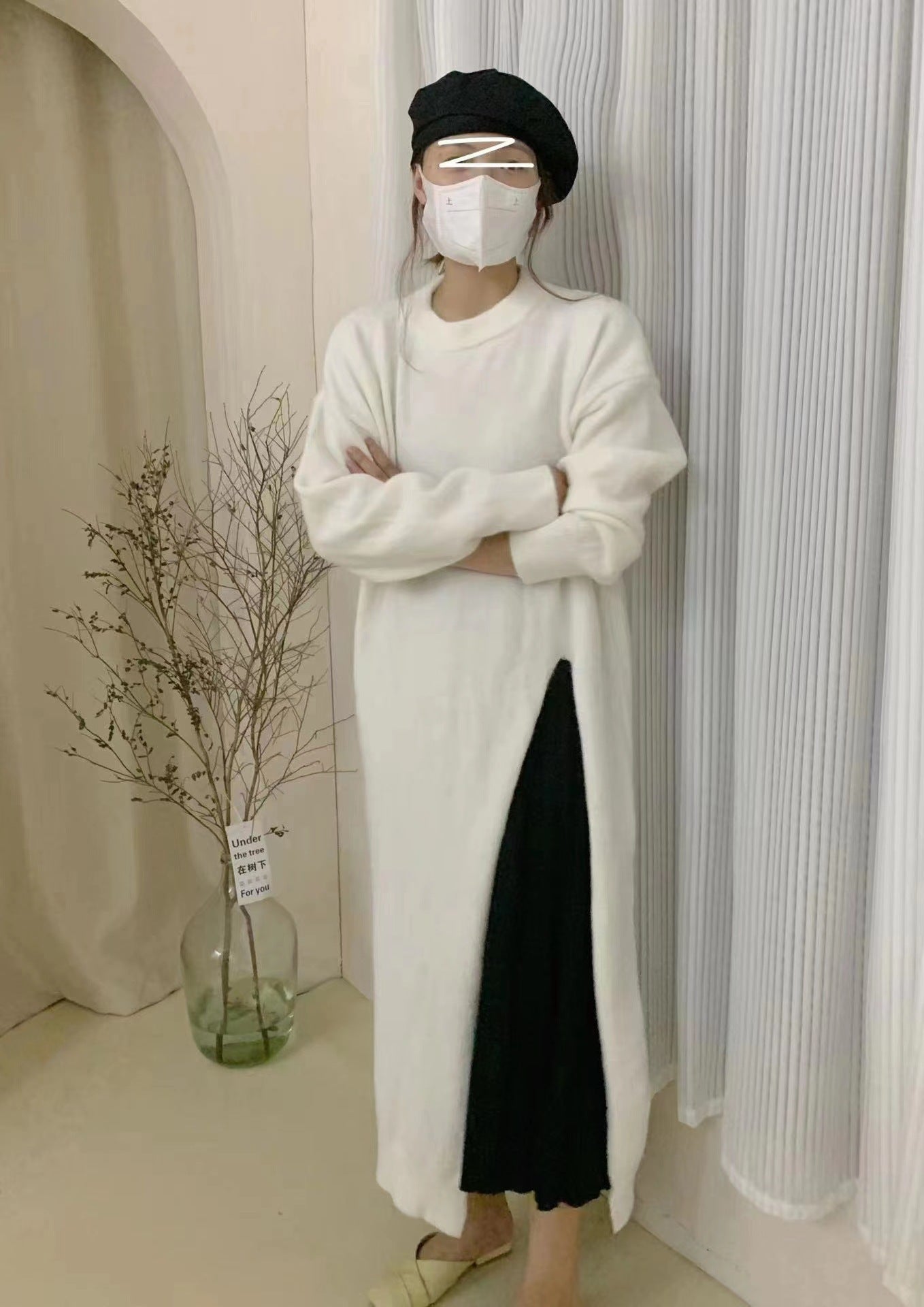 Women's Style Design Knitted Dress Solid Color Loose Pullover Split Sweater