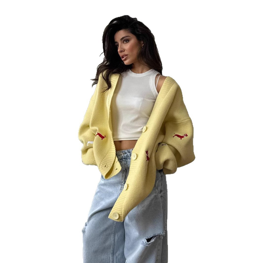 Women's Autumn Sausage Dog Embroidered Loose Long Sweaters