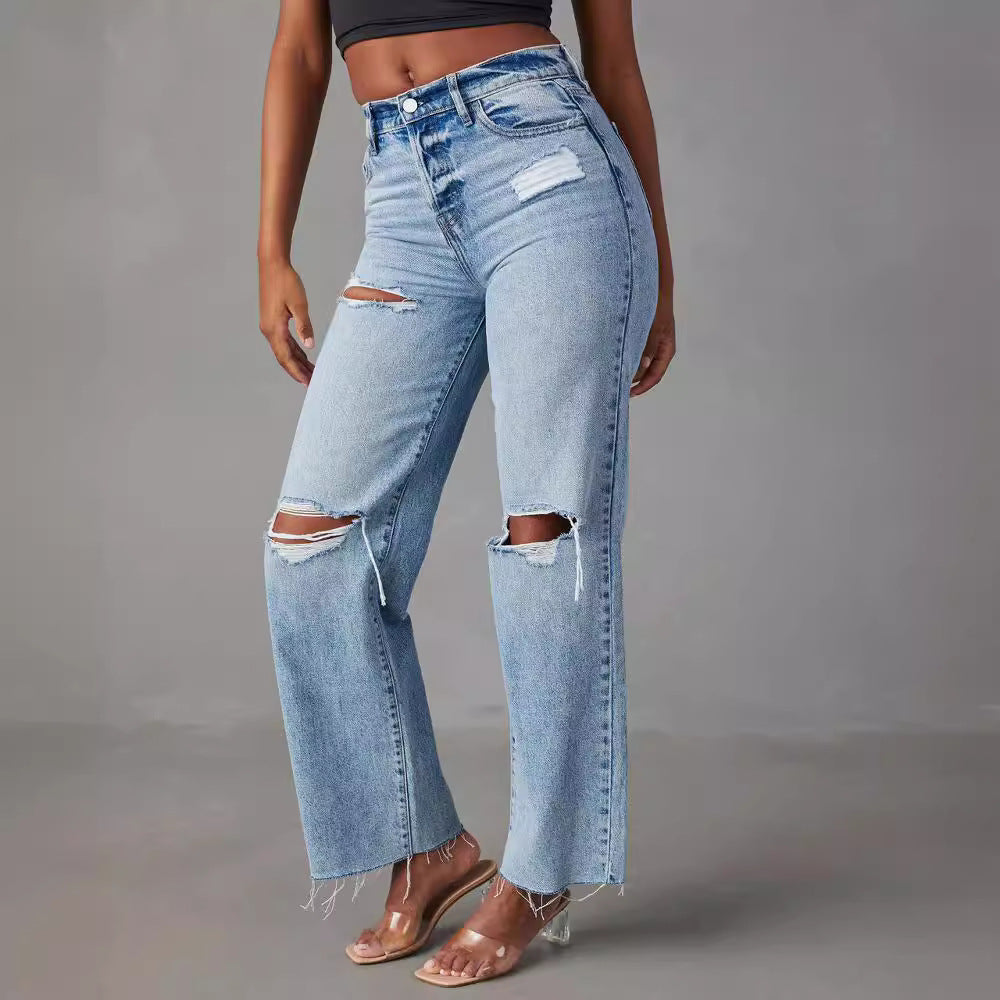 Women's Ripped High Waist Straight Washed Worn Jeans