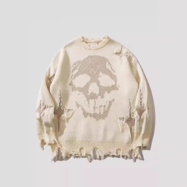 Women's & Men's & Hip Hop Dark Street Skull Jacquard Ripped Sweaters