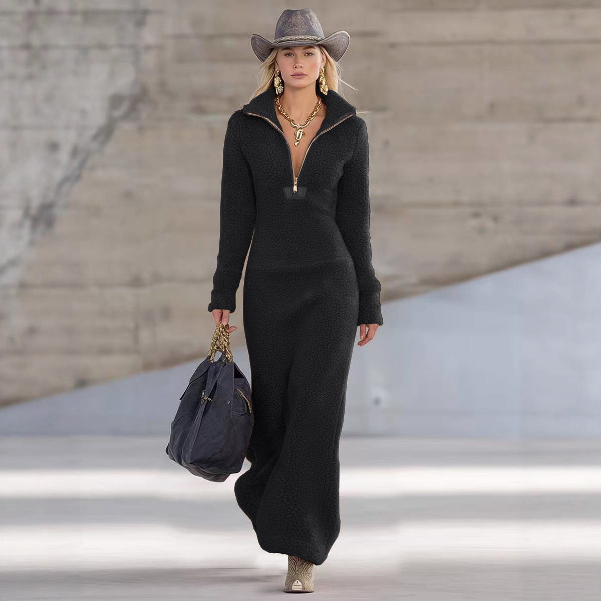Women's Fleece Zipper Collar Slim Long Female Dress