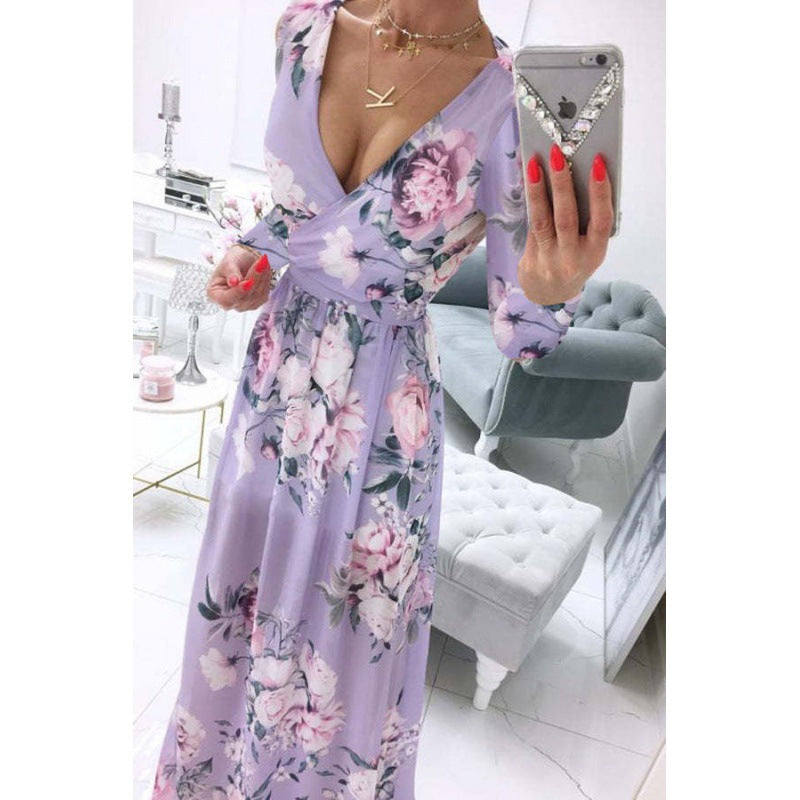 Women's Summer Long Sleeve Chiffon Printed Bohemian Dresses