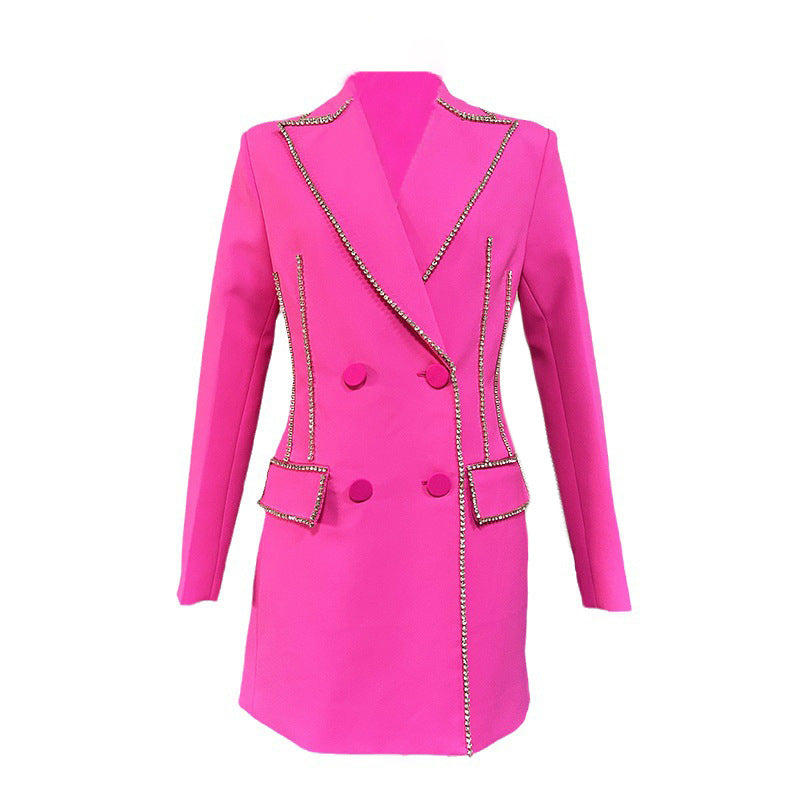 Light Luxury Rhinestone Ornament Beaded Double-breasted Mid-length Fashionable Dresses