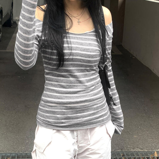 Women's Distressed Striped Long-sleeved T-shirt For Spring Blouses