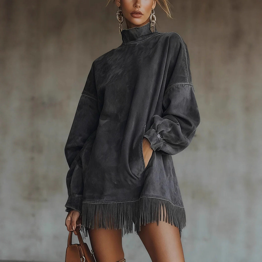Turtleneck Suede Vintage Loose Pockets Tassel Long Dress