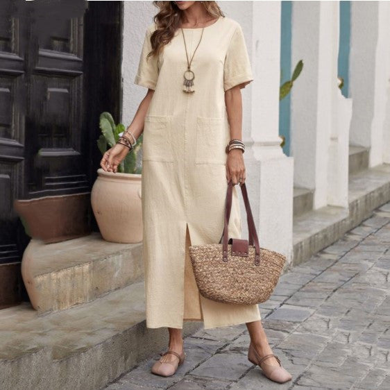 Women's Summer Cotton Linen Solid Color Loose Round Dresses