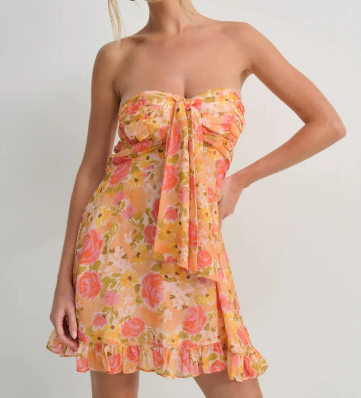 European Ruffled Knotted Sexy Printed Dress Blouses