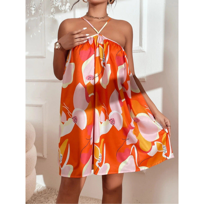 Printed Strap Beach Vacation Style Loose Dress