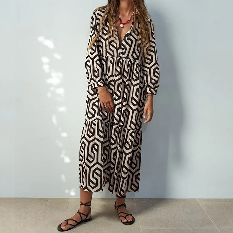 Women's Long Sleeve Turn-down Collar Green Geometric Pattern Dress