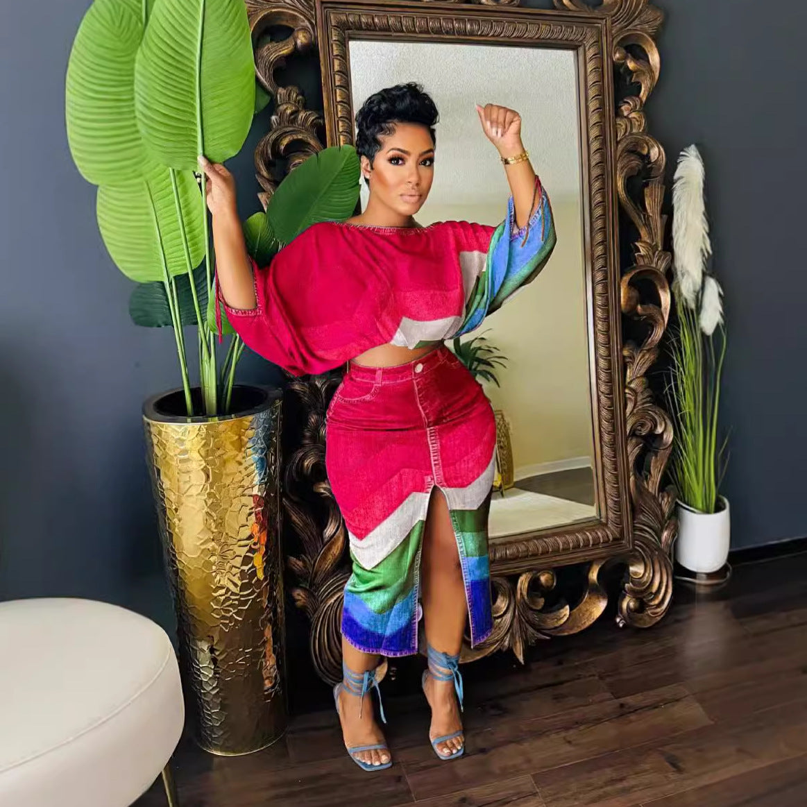 Printed Batwing Sleeve Split Two-piece Set Suits