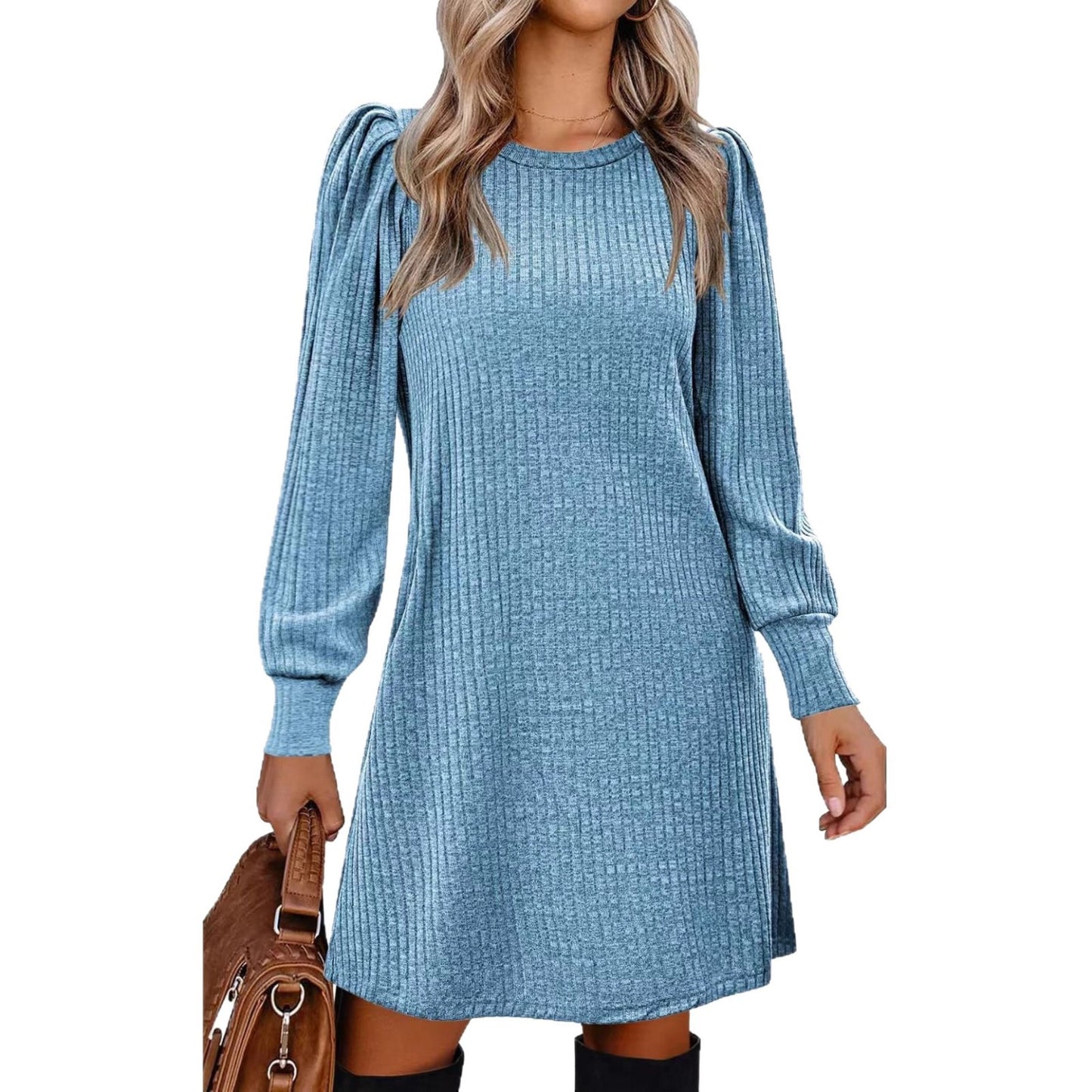 Women's Knitted Emerized Solid Color Round Neck Puff Dress