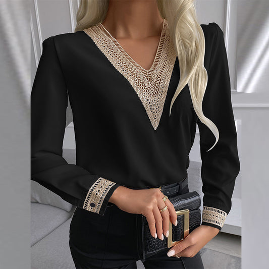 Women's Fashion Lace Shirt Solid Color Stitching Blouses