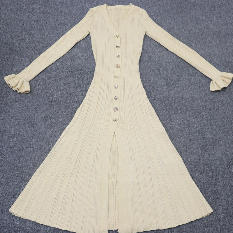 French Entry Lux Thin Glittering Line Long Sleeve Slimming Dresses