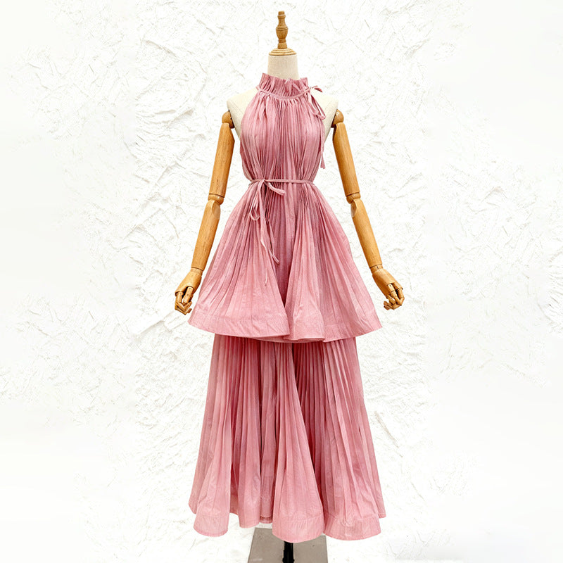 Women's Halter Sleeveless Pleated Gauze Dress Long Autumn Ruffled Dresses