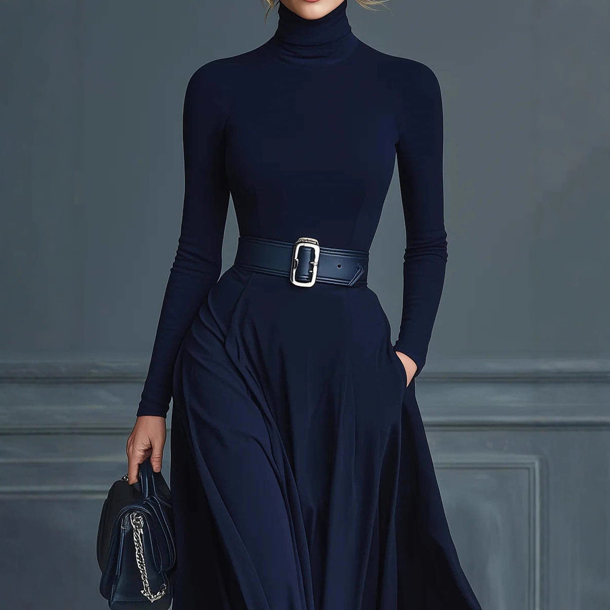 Women's Color Long Sleeve High Collar Large Dresses