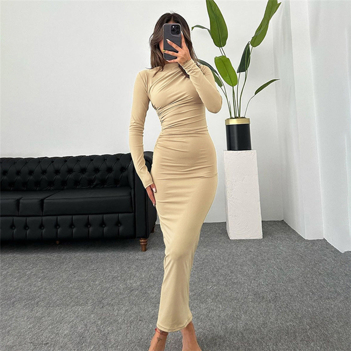 Women's Neck Long Sleeve Sheath Solid Color Dress
