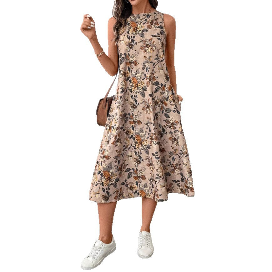 Trendy Women's Printed Sleeveless Pocket Elegant Dress